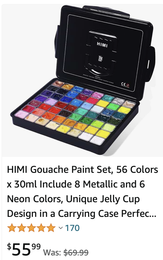 HIMI Gouache Paint Set, 56 Colors x 30ml Include 8 Metallic and 6 Neon  Colors, Unique Jelly Cup Design in a Carrying Case Perfect for Artists